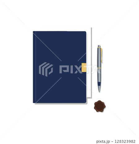 Navy blue notebook with pen and wax seal illustration flat top view stationery set vector 128323982