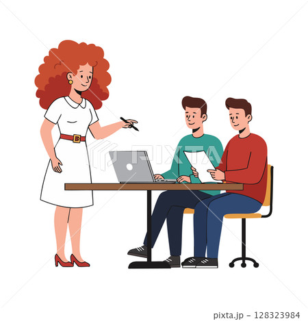 Woman presenting and two men reviewing documents in office teamwork environment vector illustration 128323984