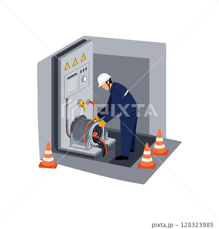 Electrician working on electrical cabinet with cables and safety cones vector illustration 128323985