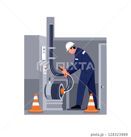 Electrician Working on Industrial Electrical Panel with Safety Cones Vector Illustration Electrician Working on Industrial Electrical Panel with Safety Cones Vector Illustration 128323989