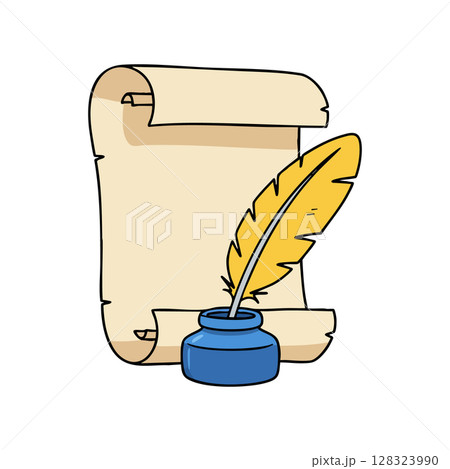 Quill pen with ink bottle and parchment scroll vintage writing tools vector illustration Quill pen with ink bottle and parchment scroll vintage writing tools vector illustration 128323990