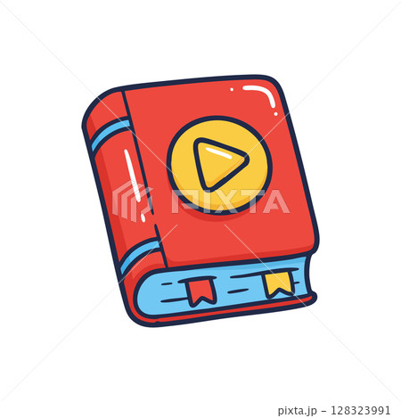 Red educational book with play button icon and blue bookmark vector illustration 128323991