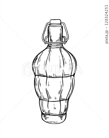 Oval ribbed bottle with flip top reusable closure monochrome vector illustration. Etching drawing of glass bottle with drink for limoncello, craft lemonade, artisanal liqueurs, beverage packaging Oval ribbed bottle with flip top reusable closure monochrome vector illustration. Etching drawing of glass bottle with drink for limoncello, craft lemonade, artisanal liqueurs, beverage packaging 128324251
