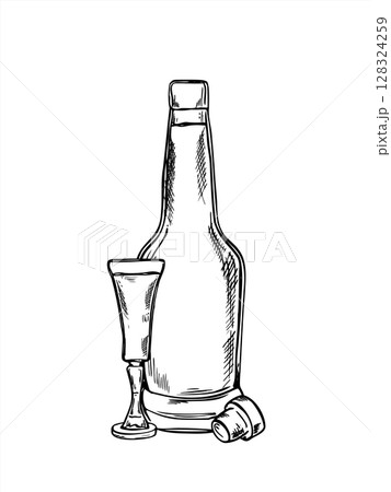 Open liquor bottle with cork, stemmed shot glass monochrome vector illustration painted by black inks. Beverage composition for alcohol branding, bar menus, craft packaging, mixology design. 128324259