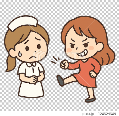 一名男子試圖毆打或踢一名護士的插圖 一名男子試圖毆打或踢一名護士的插圖 128324389