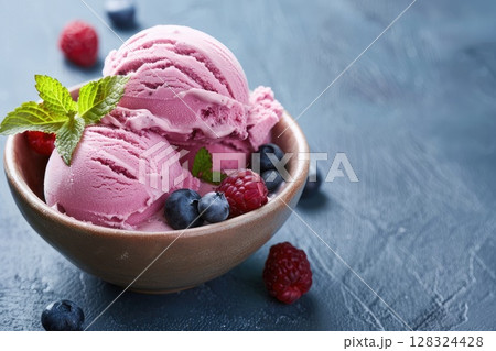 A bowl of ice cream with fresh raspberries and blueberries. AI-generated content. 128324428