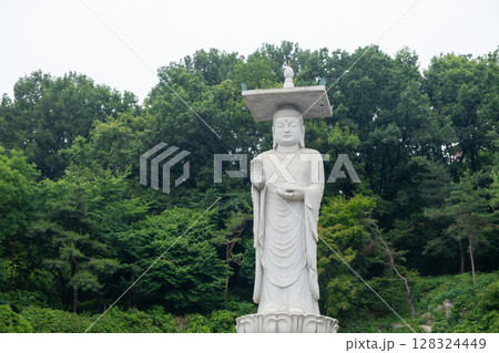 Mireuk Daebul statue of the bodhisattva Maitreya at Bongeunsa Temple, a Buddhist temple in Seoul. With background of green leaves in summer. It is the tallest stone statue in Korea. 128324449