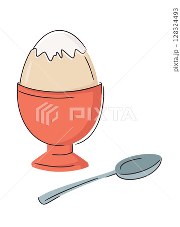 Boiled egg served in a simple red cup with spoon. Protein breakfast. Fresh chicken egg; healthy eating or farm freshness concept. Bright and clean design, minimal vector illustration. Boiled egg served in a simple red cup with spoon. Protein breakfast. Fresh chicken egg; healthy eating or farm freshness concept. Bright and clean design, minimal vector illustration. 128324493