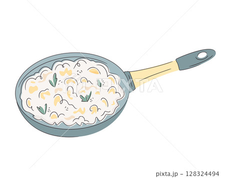 Scrambled eggs with herbs in a frying pan. Protein breakfast. Fresh chicken egg; healthy eating or farm freshness concept. Bright and clean design, minimal vector illustration.  128324494