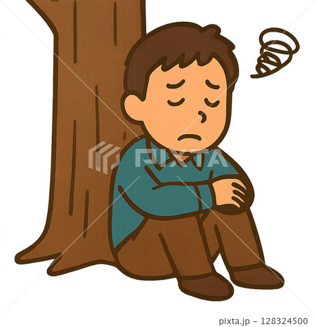 木の下で落ち込む男性のイラスト 128324500
