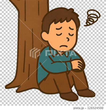 木の下で落ち込む男性のイラスト 128324500