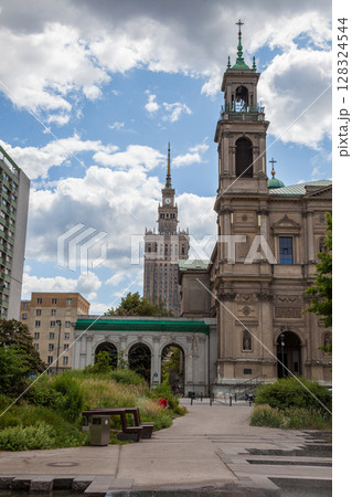 All Saints Church, Grzybowski Square Plac Grzybowski . Warsaw, Poland. houses and streets of the city center. Tourist route. Historical landmark. Old and new architecture. 128324544
