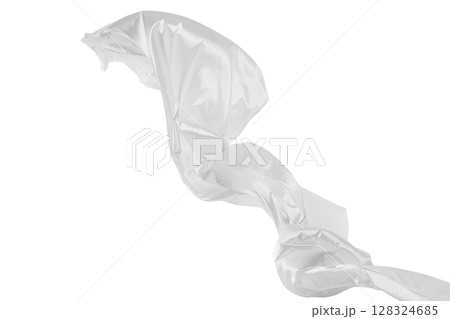 Flowing white fabric flying on white background. Flowing white fabric flying on white background. 128324685