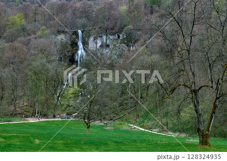 Lush Green Meadow With Cascading Waterfall And Winding Dirt Path Amidst Early Spring Forest Tranquility. 128324935