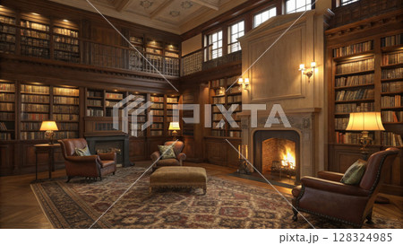 Large home library with fireplace 128324985
