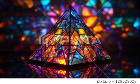 Stained glass pyramid with vibrant reflections, artistic abstract concept 128325025