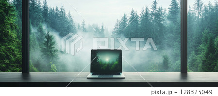 Laptop on wooden desk with forest view through large window, serene workspace concept 128325049
