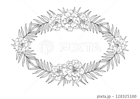 Monochrome oval frame with marigold flowers and palm leaves with empty space for text. Flower heads vector illustration for beauty product packaging, certificates, vintage label, wedding invitation. Monochrome oval frame with marigold flowers and palm leaves with empty space for text. Flower heads vector illustration for beauty product packaging, certificates, vintage label, wedding invitation. 128325100