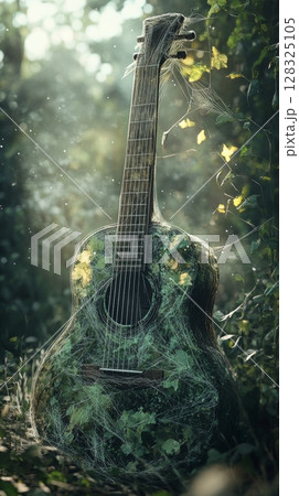 Guitar entwined with leaves and cobwebs in forest light, metaphor for nature reclaiming art Guitar entwined with leaves and cobwebs in forest light, metaphor for nature reclaiming art 128325105