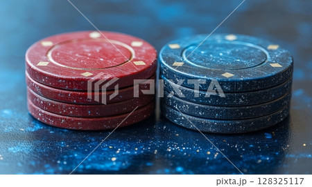 Stacks of red and blue poker chips on a textured surface 128325117