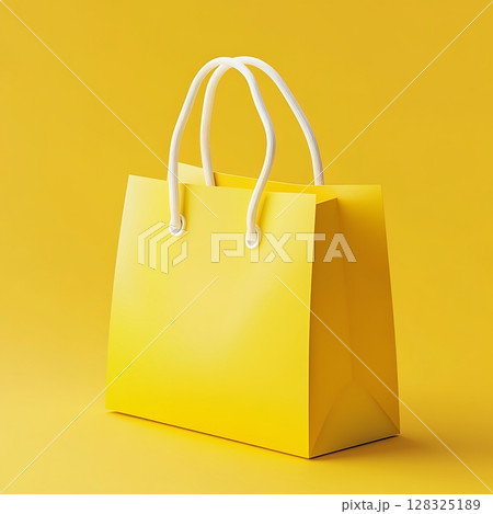 Minimalist yellow shopping bag with white handles on yellow background. 128325189