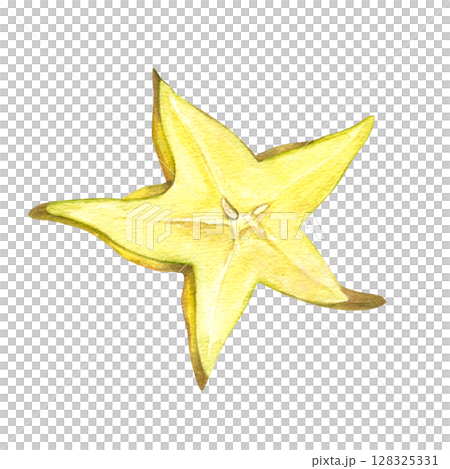 Ripe yellow starfruit slice watercolor illustration isolated background. Exotic and fresh carambola slice in star shape for tropical designs, healthy food branding, summer beverage packaging 128325331
