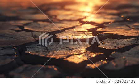 Dramatic cracked earth with sunlight reflecting on dry ground 128325438