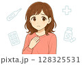 体調不良で不安な女性のイラスト 128325531