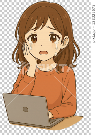 パソコン作業で涙を流す女性のイラスト 128325675
