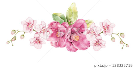 Horizontal watercolor floral composition with blooming pink camellias isolated on white. Hand painted arrangement ideal for cards, invitations, textile design and romantic packaging. 128325719