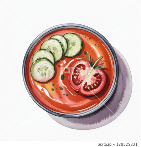 Deliciously Vibrant Watercolor Illustration of a Fresh Tomato Soup With Cucumber and Tomato Garnishes 128325831