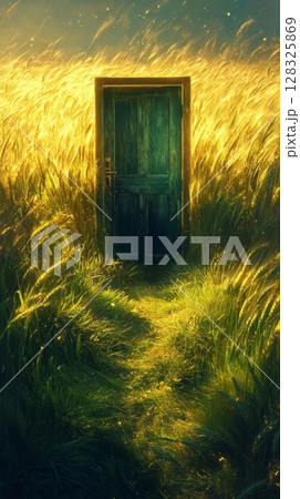 wooden door in a field of golden wheat, serene afternoon. magical realism concept 128325869