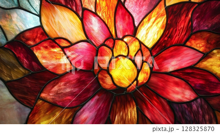 Stained glass flower pattern with vibrant colors 128325870