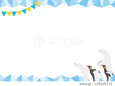 白熊とペンギンがいる氷の横型のフレームイラスト_青_2 128326113