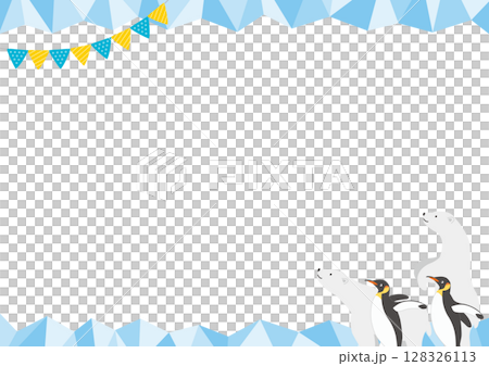 白熊とペンギンがいる氷の横型のフレームイラスト_青_2 128326113