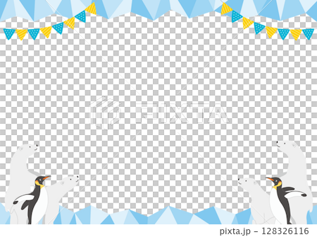 冰與北極熊和企鵝的水平框架插圖_藍色 128326116