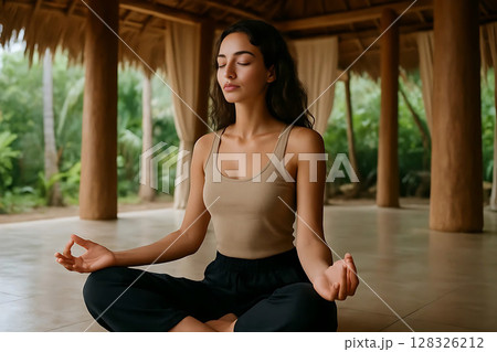 Serene Woman Meditating Outdoors in a Yoga Pose 128326212