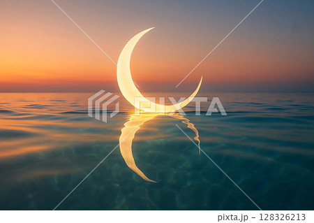 Glowing Crescent Moon Reflected in Calm Ocean at Sunset 128326213