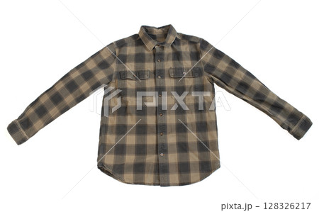 Brown and black plaid flannel shirt with long sleeves, front view laid flat on white background. Brown and black plaid flannel shirt with long sleeves, front view laid flat on white background. 128326217