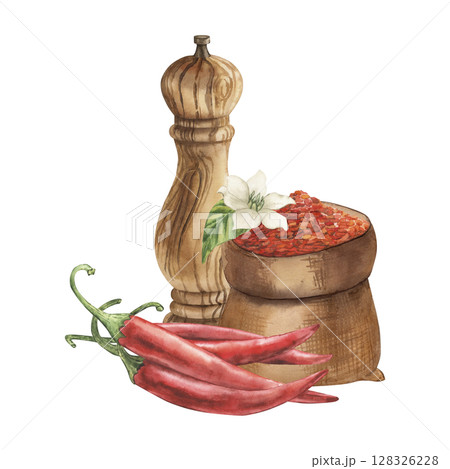 A composition with a wooden pepper pot, spices in burlap, and red pepper pods. The watercolor illustration is hand-drawn in a botanical style. For packaging design, culinary blog, cafe 128326228