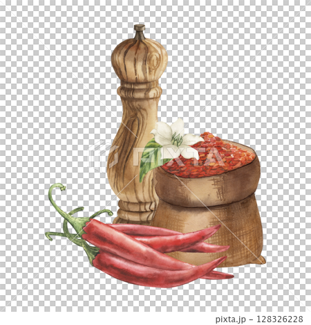 A composition with a wooden pepper pot, spices in burlap, and red pepper pods. The watercolor illustration is hand-drawn in a botanical style. For packaging design, culinary blog, cafe 128326228