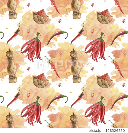 Watercolor seamless pattern with red chili peppers, pepper grinder, and ground spice on abstract orange splashes. Hand-painted spicy food ingredients for kitchen, menu, or packaging design, textile Watercolor seamless pattern with red chili peppers, pepper grinder, and ground spice on abstract orange splashes. Hand-painted spicy food ingredients for kitchen, menu, or packaging design, textile 128326230