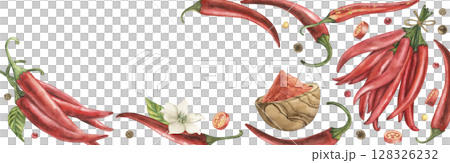 A banner with red hot chili pepper, ground paprika in a wooden plate, spices, pieces of pepper, green leaves, flowers. The watercolor illustration is hand-drawn in a botanical style. For culinary 128326232