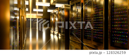 Server room data center. Backup, mining, hosting, mainframe, farm and computer rack with storage information. 3d render Server room data center. Backup, mining, hosting, mainframe, farm and computer rack with storage information. 3d render 128326259
