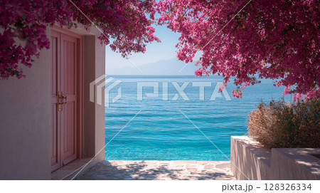 A picturesque view through the open door of the building revealing a bright turquoise sea under a clear blue sky. Bright pink bougainvillea cascades overhead, 128326334