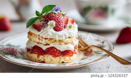 Delicious layered strawberry shortcake with whipped cream, fresh strawberries, and mint on a floral plate. 128326337