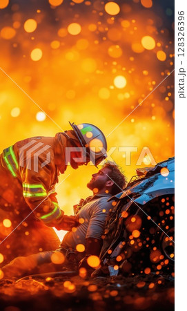 Firefighter rescues trapped man from car in blazing flames during emergency operation Firefighter rescues trapped man from car in blazing flames during emergency operation 128326396