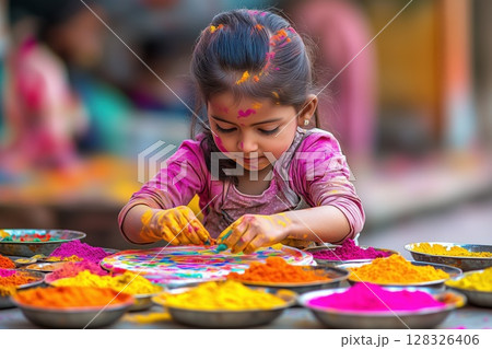 Young girl creates colorful art with vibrant powders during festival celebration 128326406