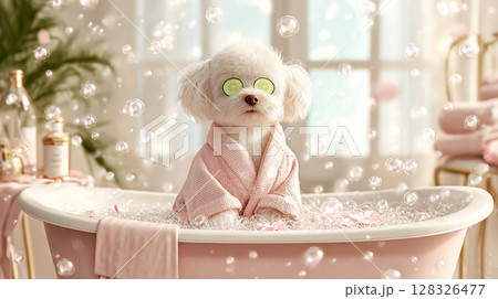 cute Maltese dog in bath with beauty treatments in robe relaxes cute Maltese dog in bath with beauty treatments in robe relaxes 128326477