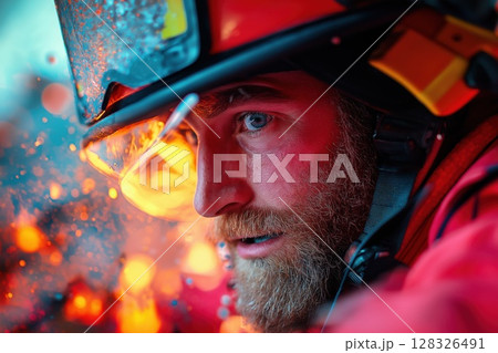 Firefighter breaking car window to save trapped individual during emergency response 128326491